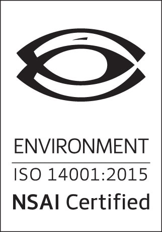Black and white logo with text reading "ENVIRONMENT ISO 14001:2015 NSAI Certified" and an abstract eye design above the text.