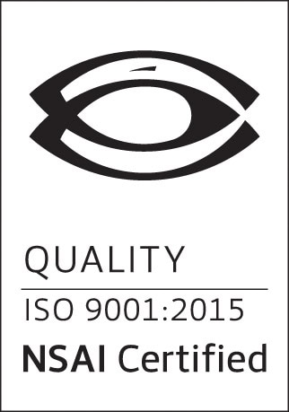 Black and white logo with an eye symbol above text stating "Quality ISO 9001:2015 NSAI Certified.