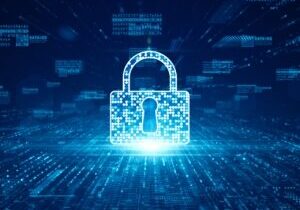 Digital padlock with binary code and data streams in blue cyber security background