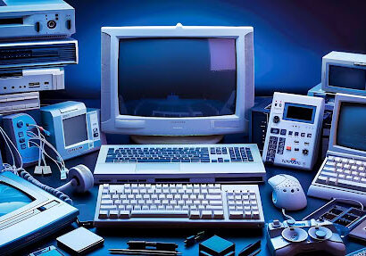 A collection of vintage computers, monitors, keyboards, and electronic devices arranged on a desk against a blue background.