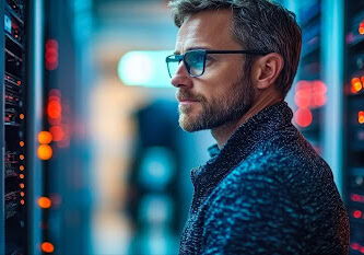 A man wearing glasses stands between rows of illuminated servers in a data center, looking at the equipment.