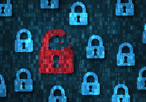 Illustration of multiple blue padlocks and binary code, with one red open padlock in the center, symbolizing a security breach or data vulnerability.