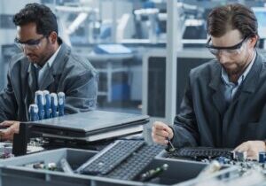 Technicians assembling electronics at workstations in modern manufacturing lab