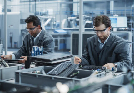Technicians assembling electronics at workstations in modern manufacturing lab