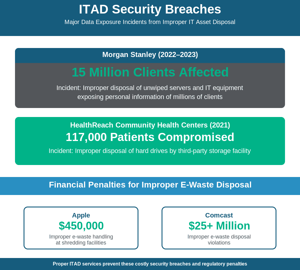Infographic detailing IT asset disposal security breaches at Morgan Stanley and HealthReach, with client impact and financial penalties for Apple and Comcast.