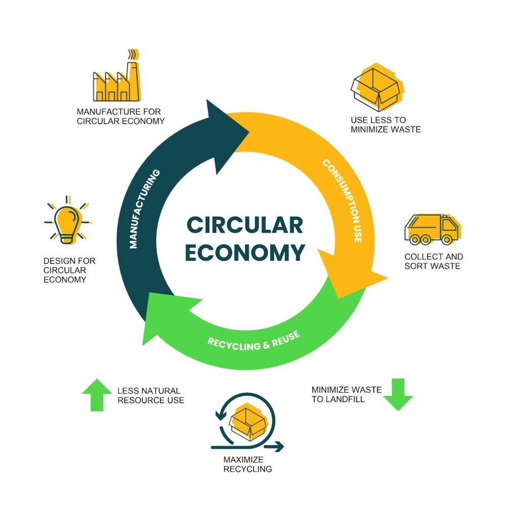 Circular economy diagram showing stages: manufacturing, consumption/use, recycling/reuse, with icons for each step and actions to minimize waste and resource use.