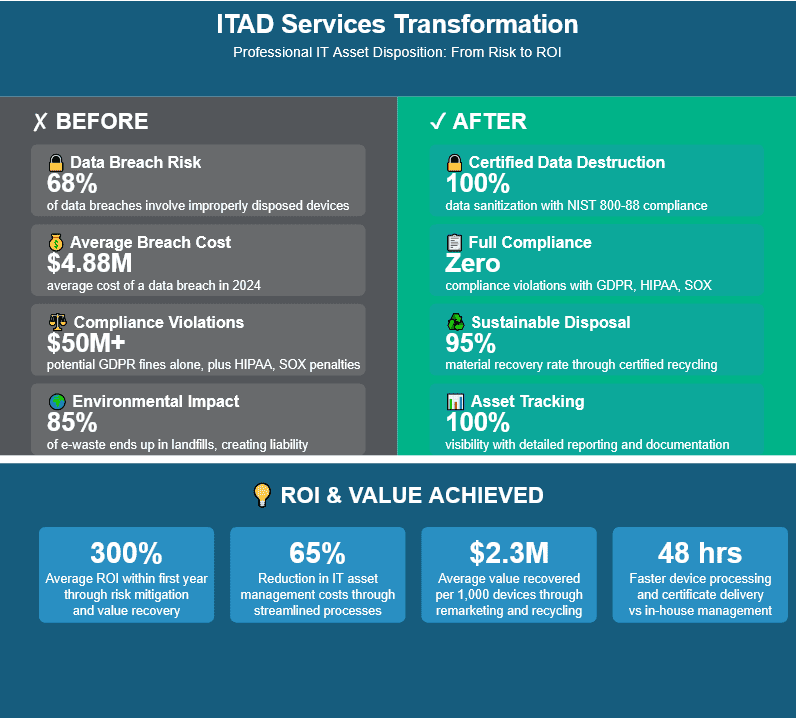 A comparison chart showing IT asset disposition metrics before and after transformation, highlighting improvements in data destruction, compliance, value, sustainability, and recovery speed.