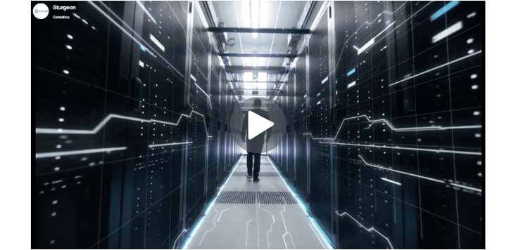 Sturgeon data center video thumbnail with person walking through server aisle